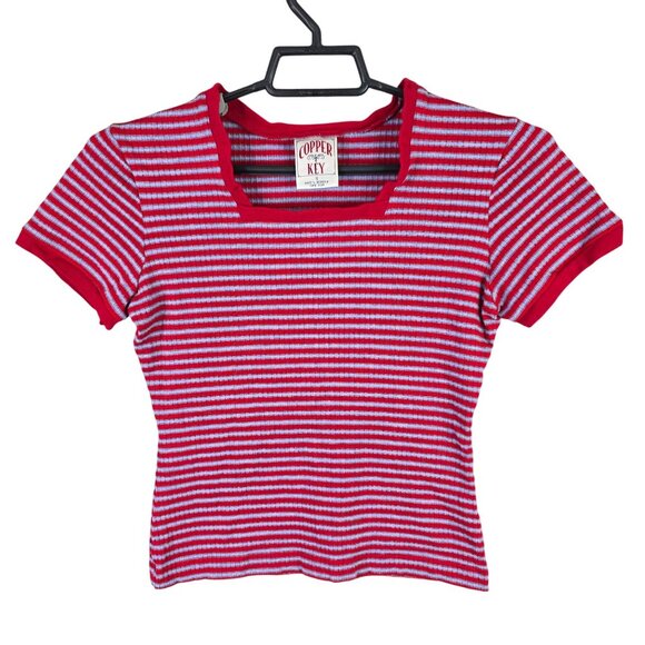 Womens Copper Key Red Gray Striped Top Short Sleeve Square Neck Acrylic Blend S - Picture 1 of 7
